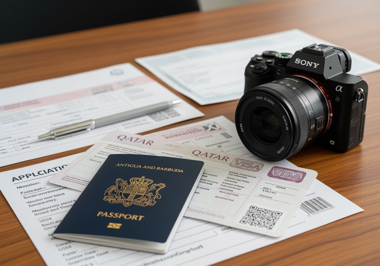 Antigua and Barbuda passport and Qatar visa documents