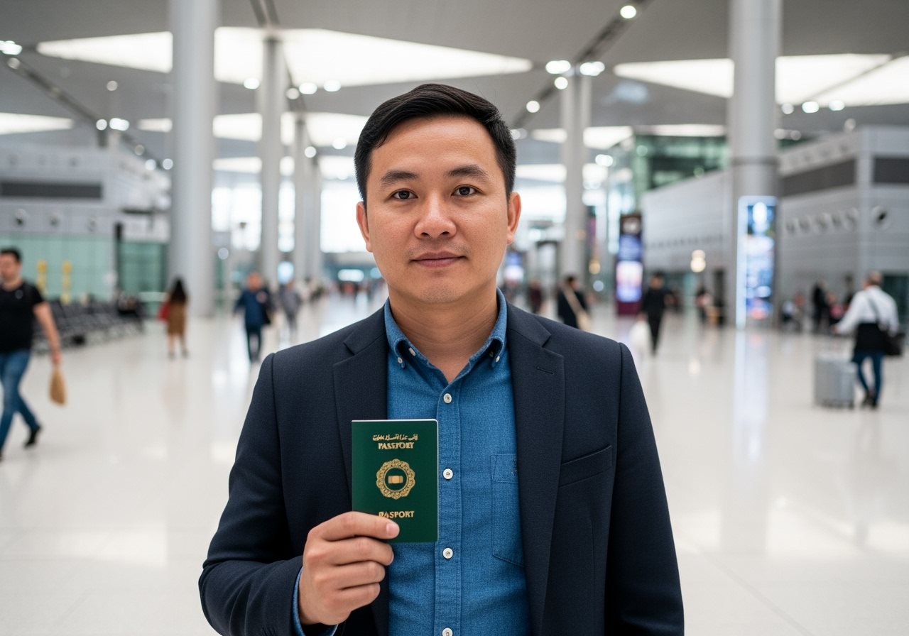 Lao traveler with passport at Qatar airport