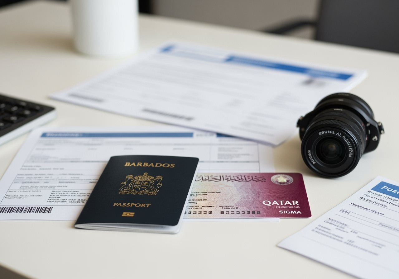 Barbados passport and Qatar visa documents