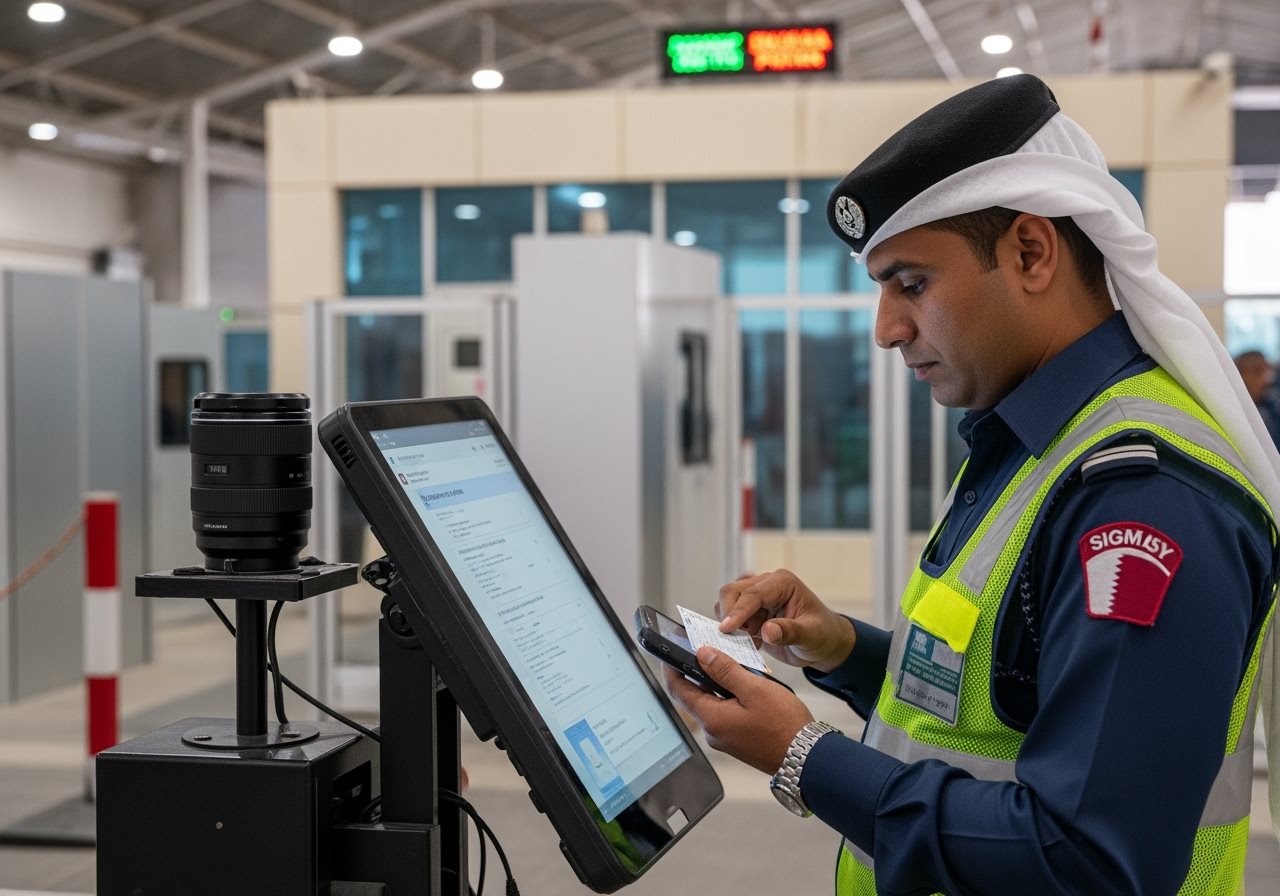 Border guard checking Qatar e-Visa at land crossing