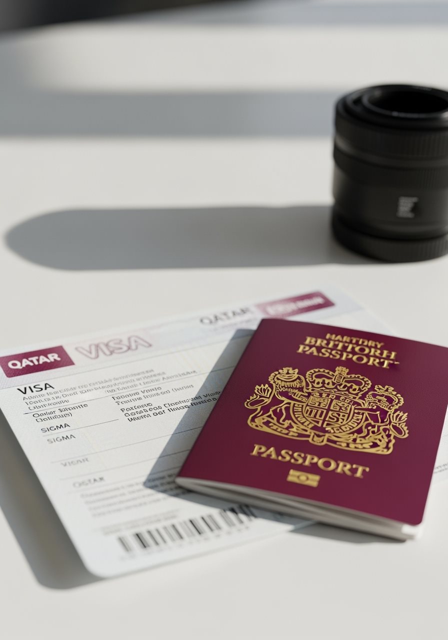British passport with UK flag and Qatar visa documents on modern office desk