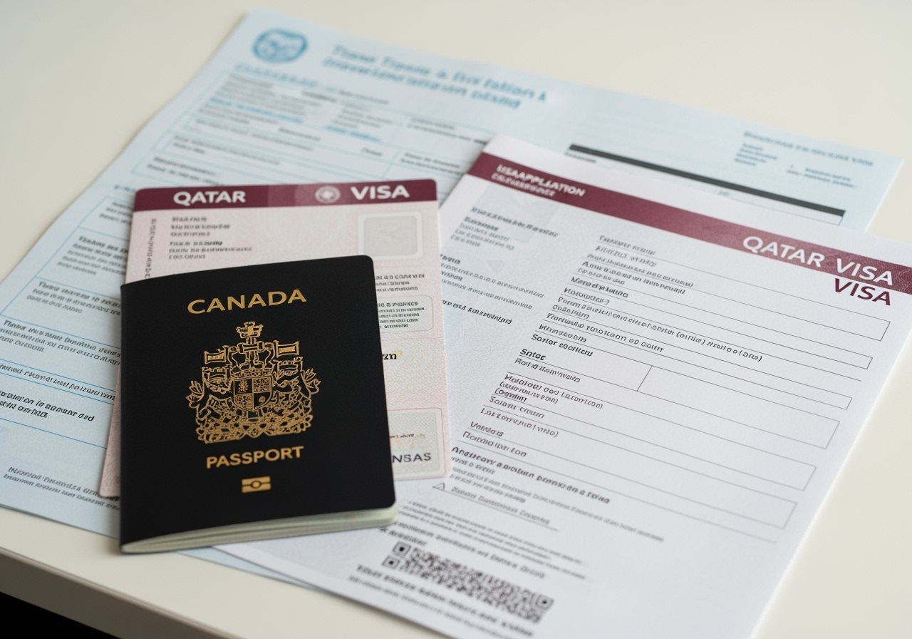 Canadian passport and Qatar visa documents