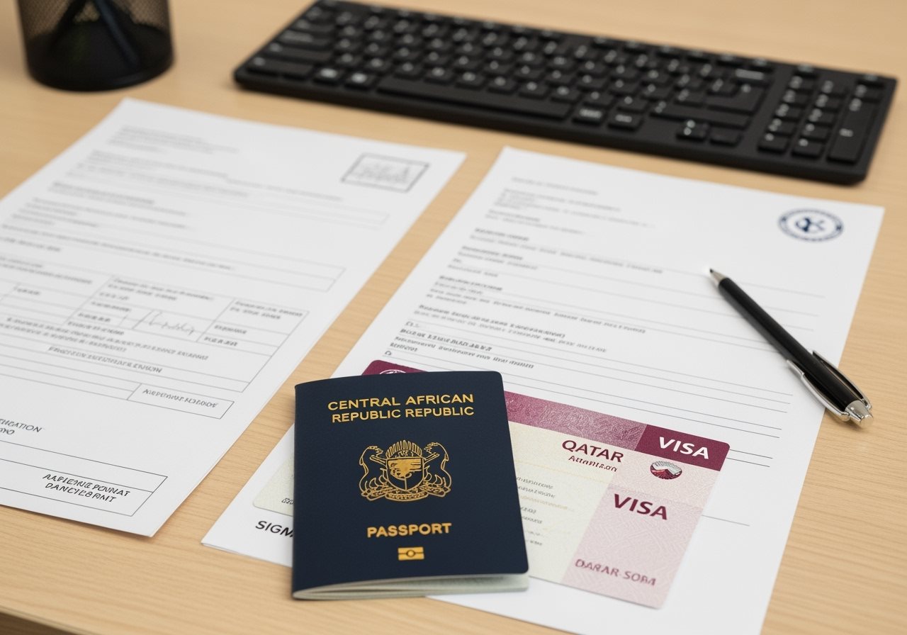 Central African Republic passport and Qatar visa documents