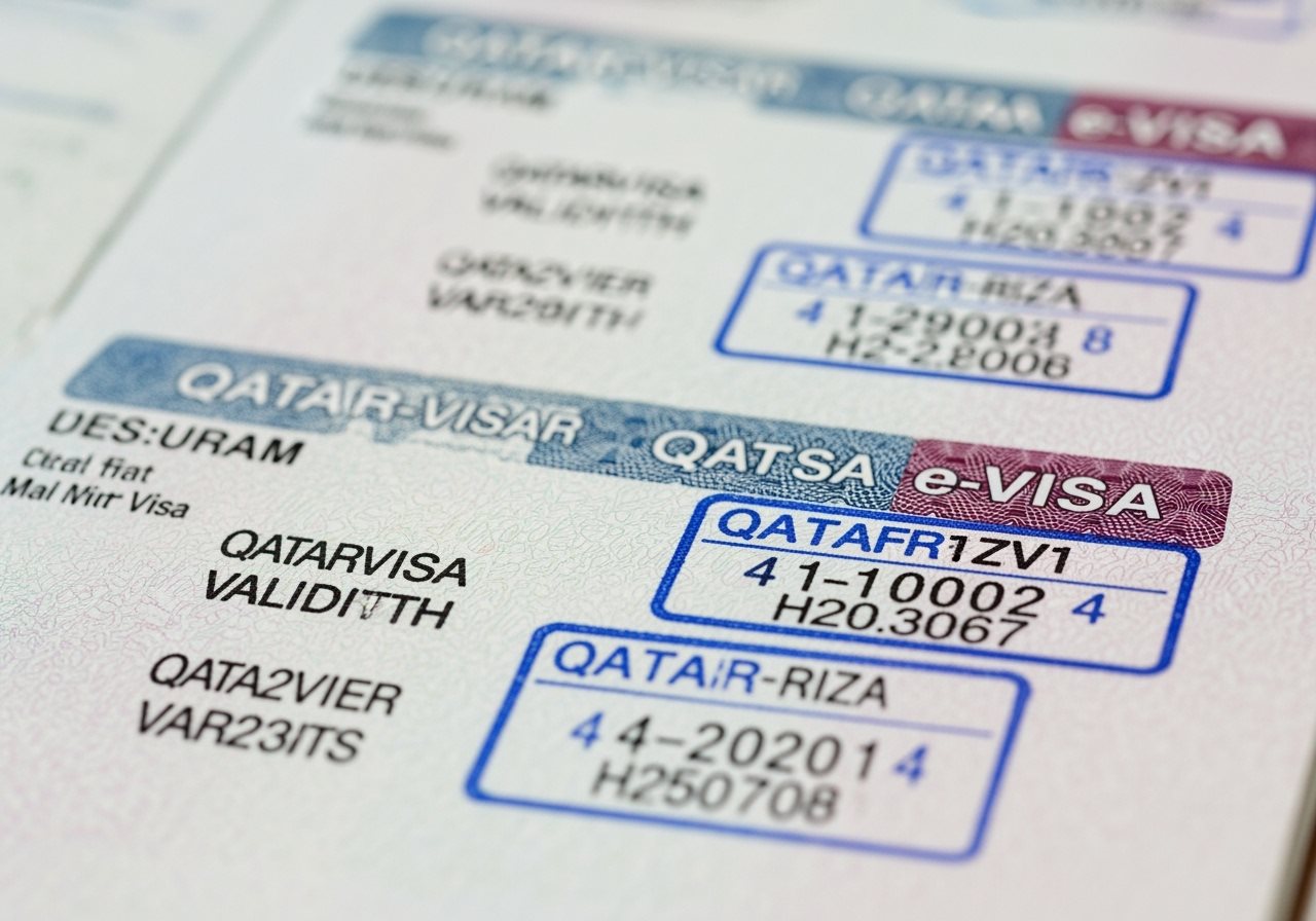 Qatar e-Visa validity stamps in passport showing entry and exit dates