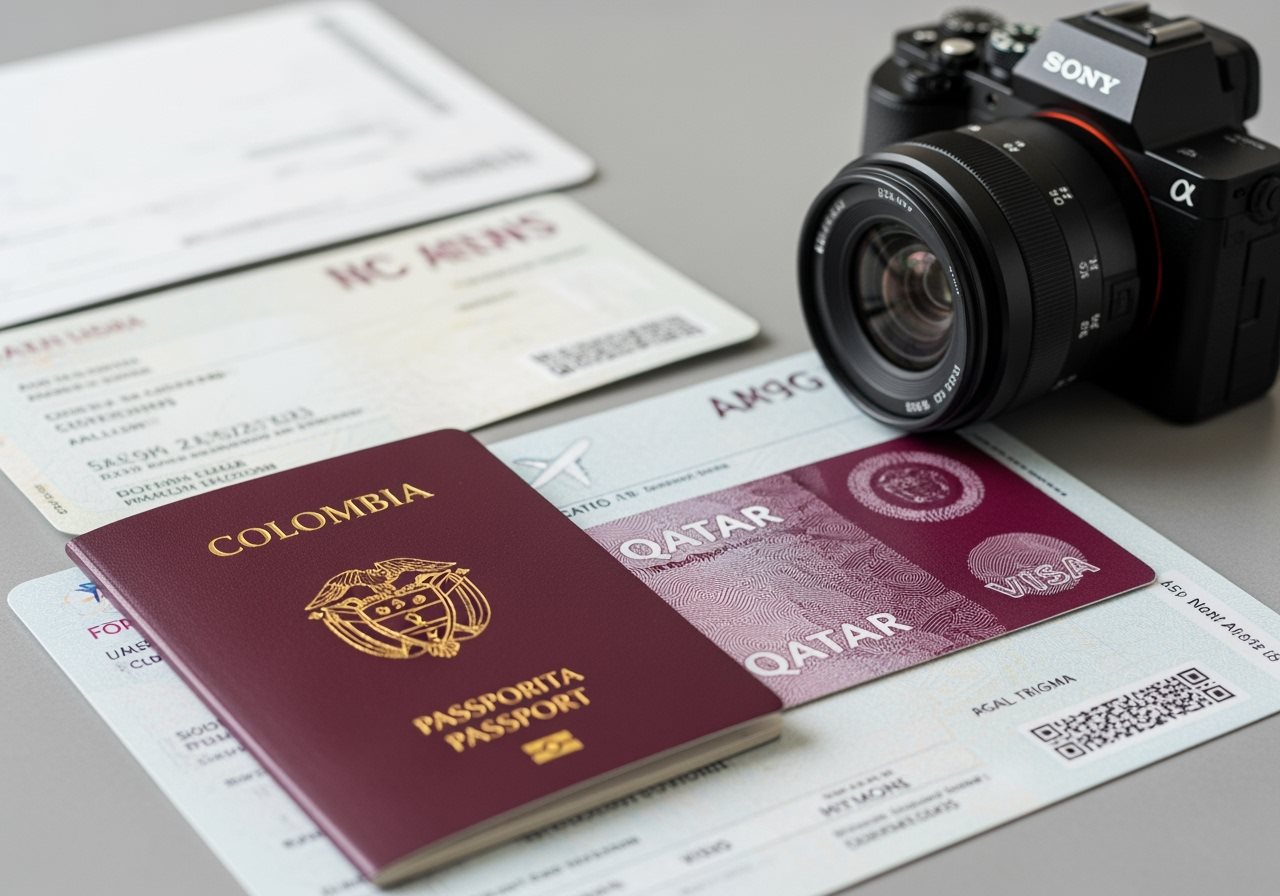 Colombia passport and Qatar visa documents