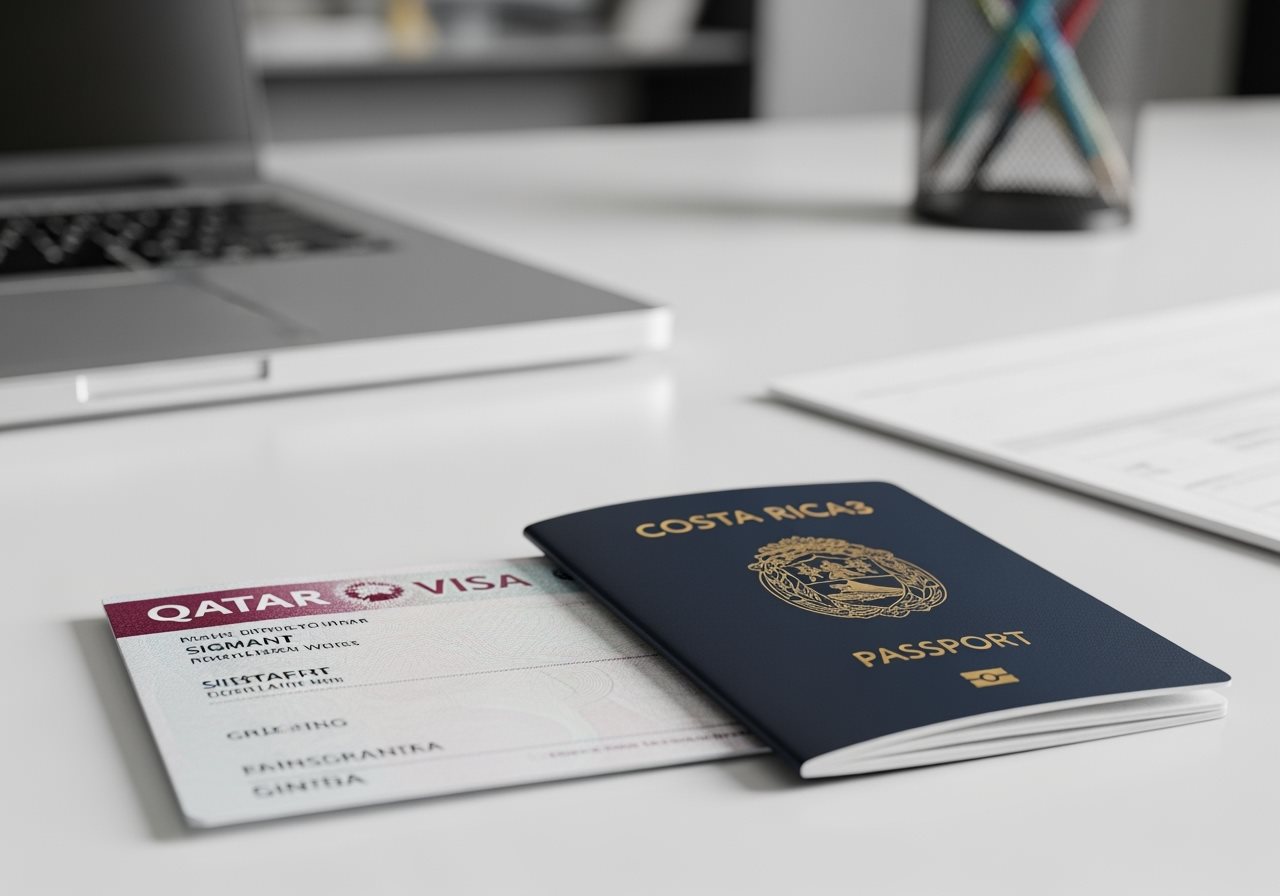 Costa Rica passport and Qatar visa documents