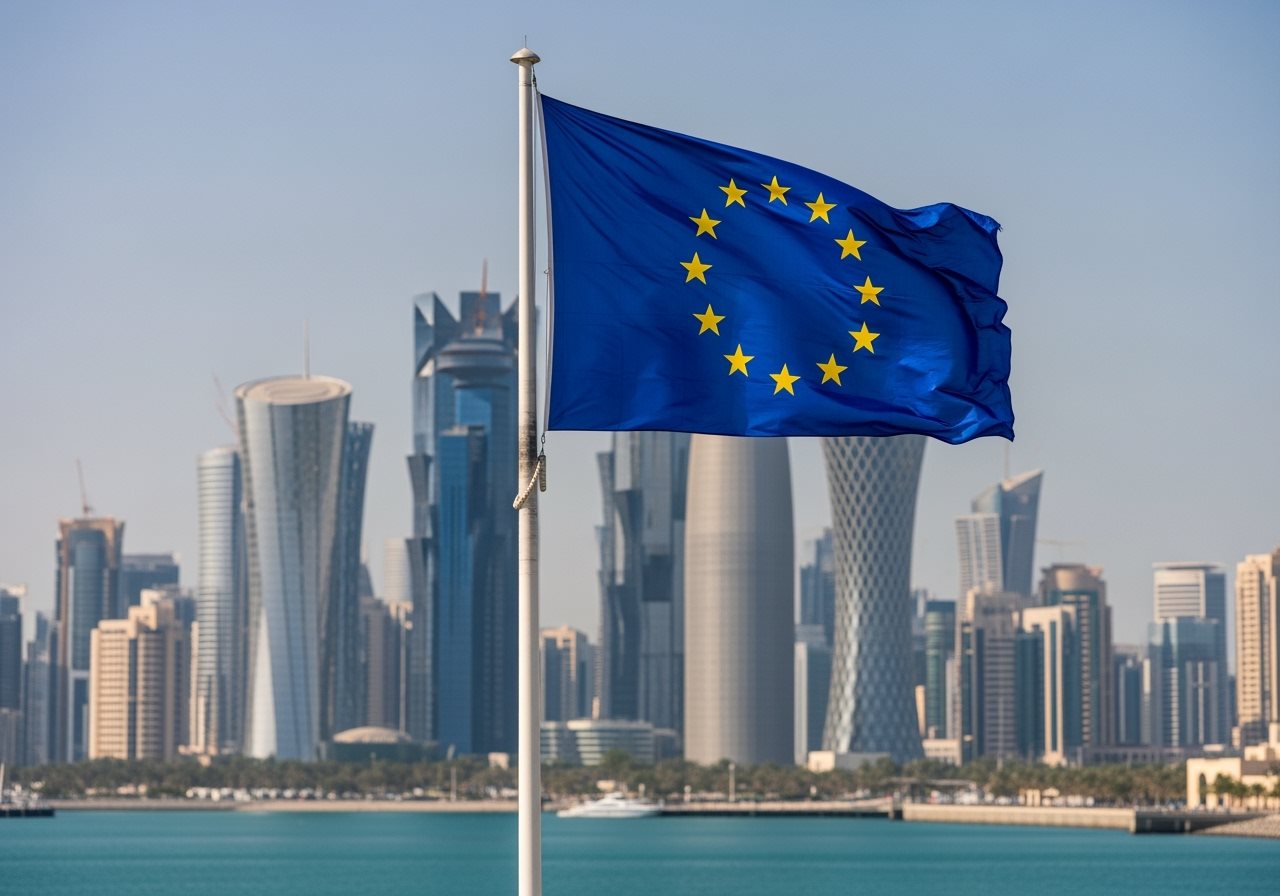 EU flag with Qatar Doha skyline