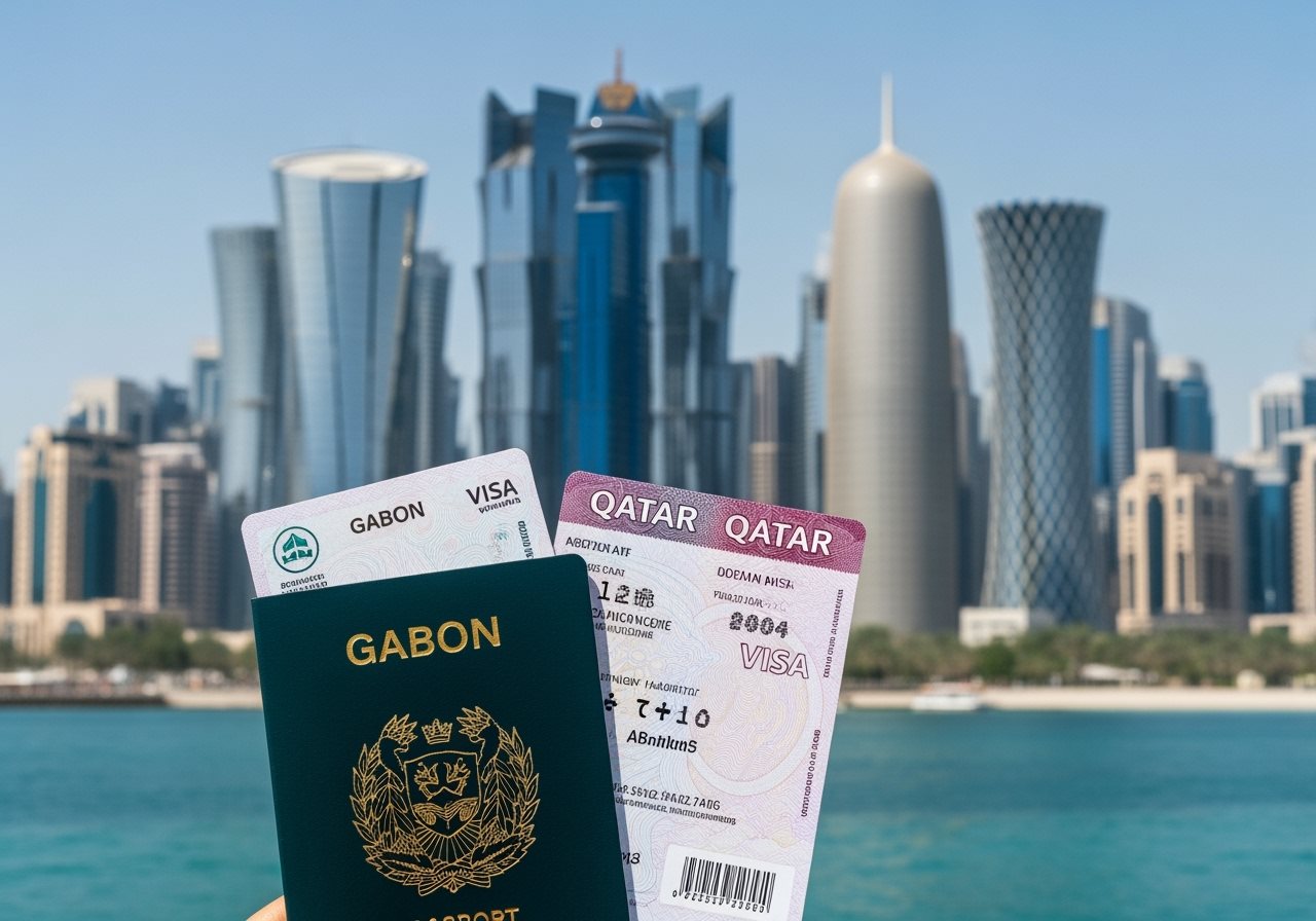 Gabon passport and Qatar e-Visa documents