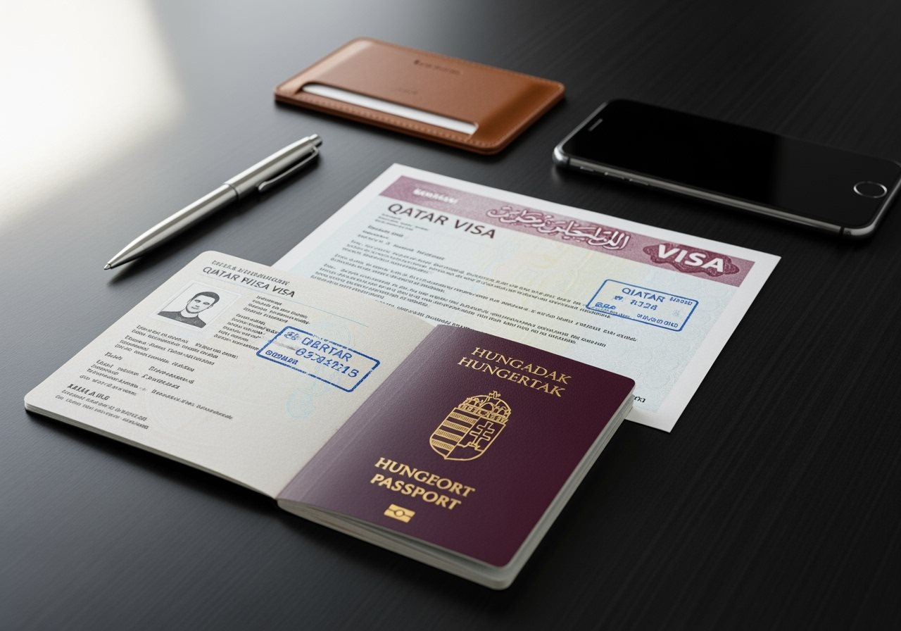 Hungarian passport and Qatar e-Visa documents