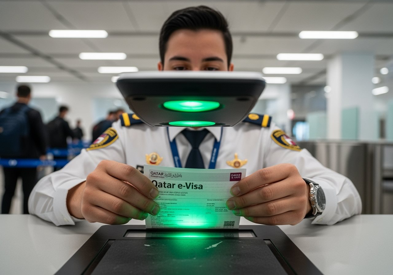 Immigration officer checking Qatar e-Visa for Georgian citizens