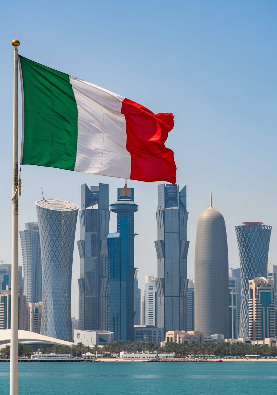 Italian flag with Qatar Doha skyline