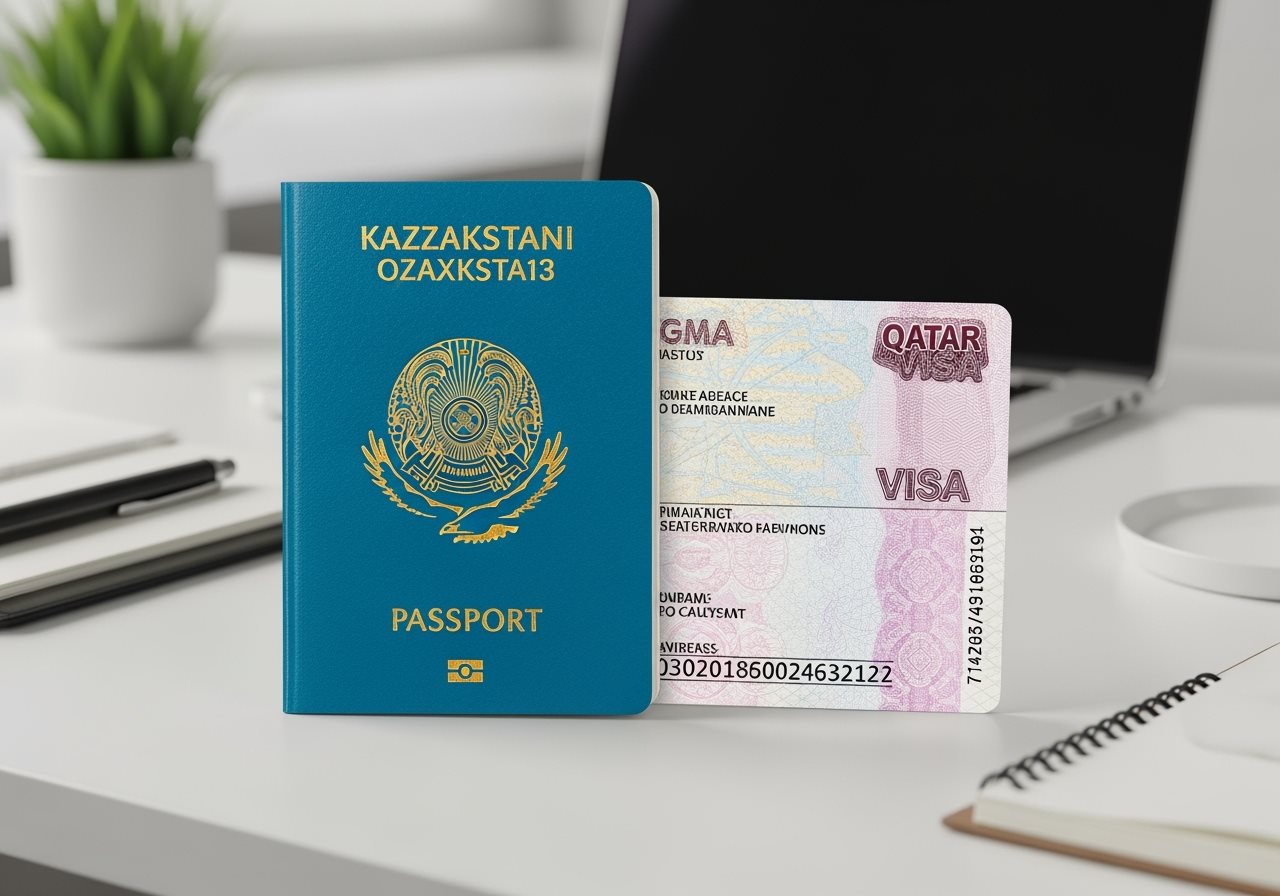 Kazakhstan passport and Qatar visa documents