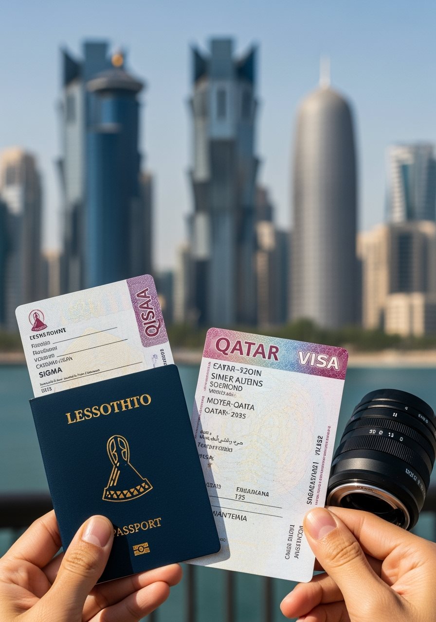 Lesotho passport and Qatar e-Visa documents