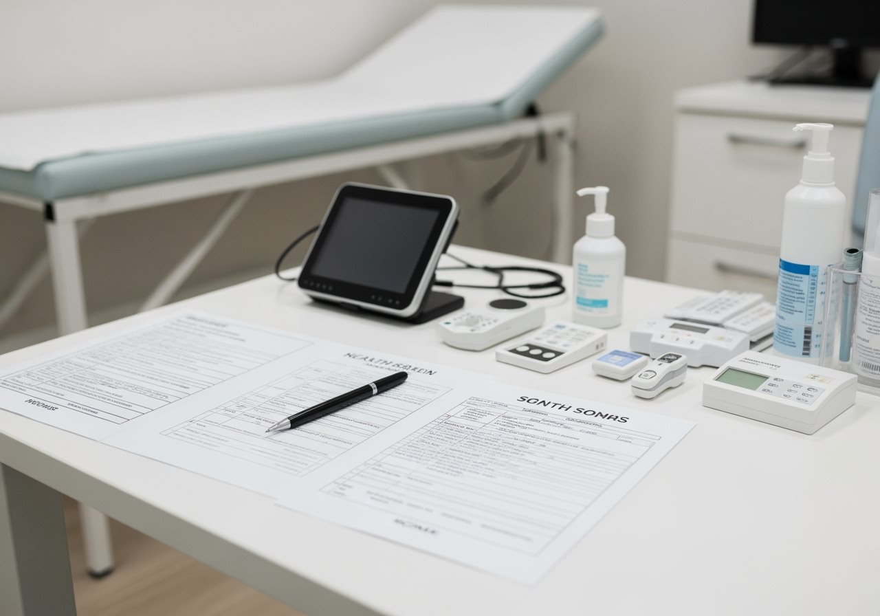 Medical examination room with health screening documents