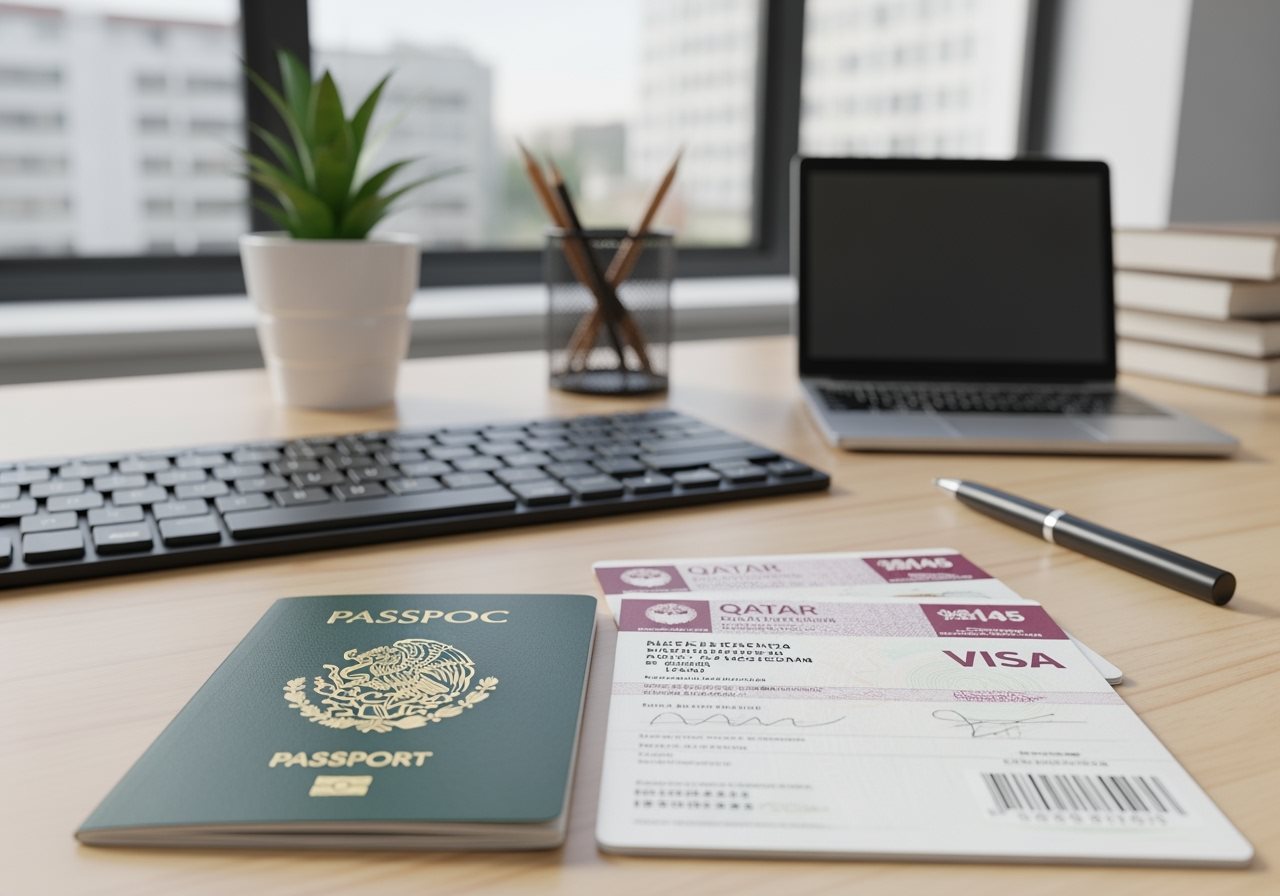 Mexican passport and Qatar e-Visa documents