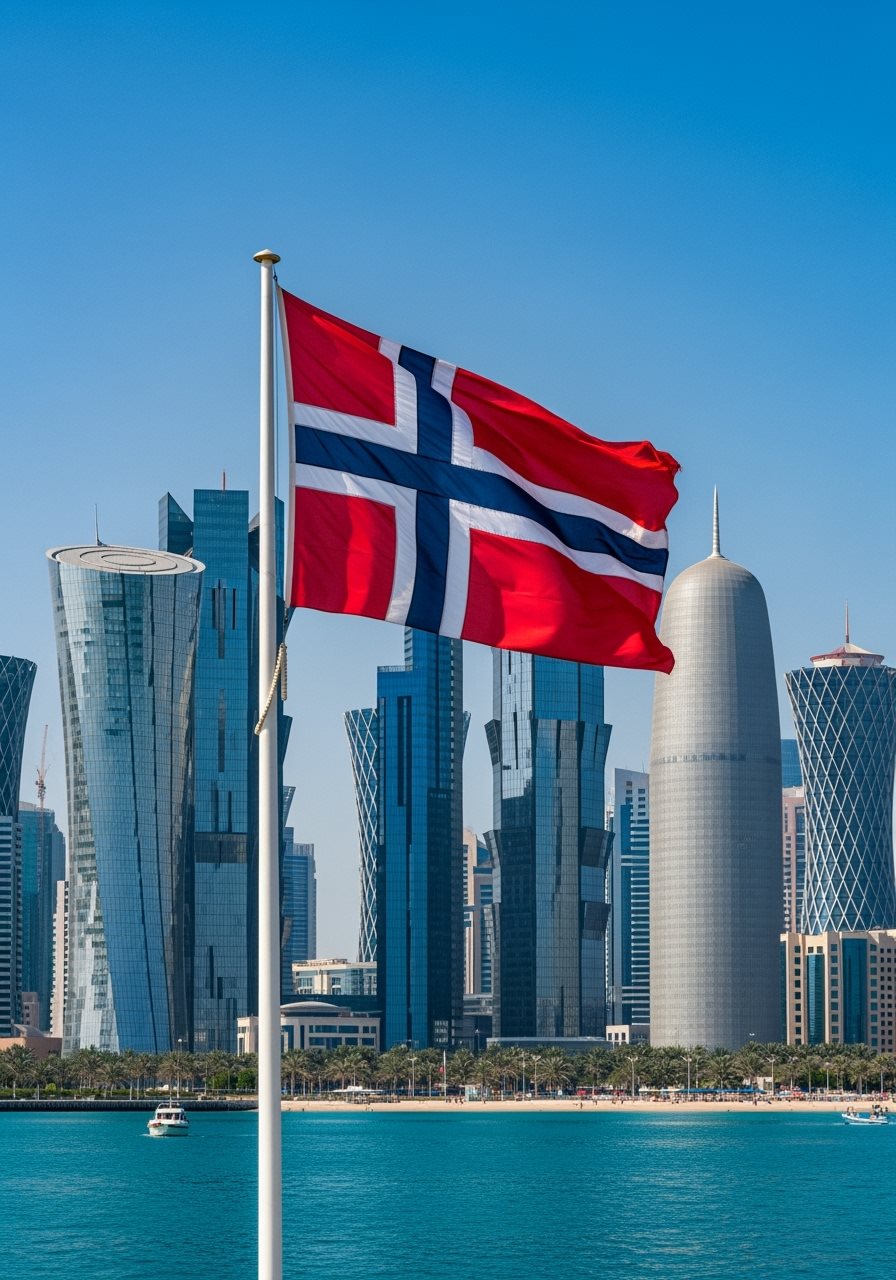 Qatar Doha skyline with Norwegian flag