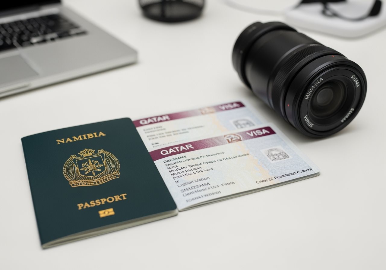 Namibian passport and Qatar e-Visa documents