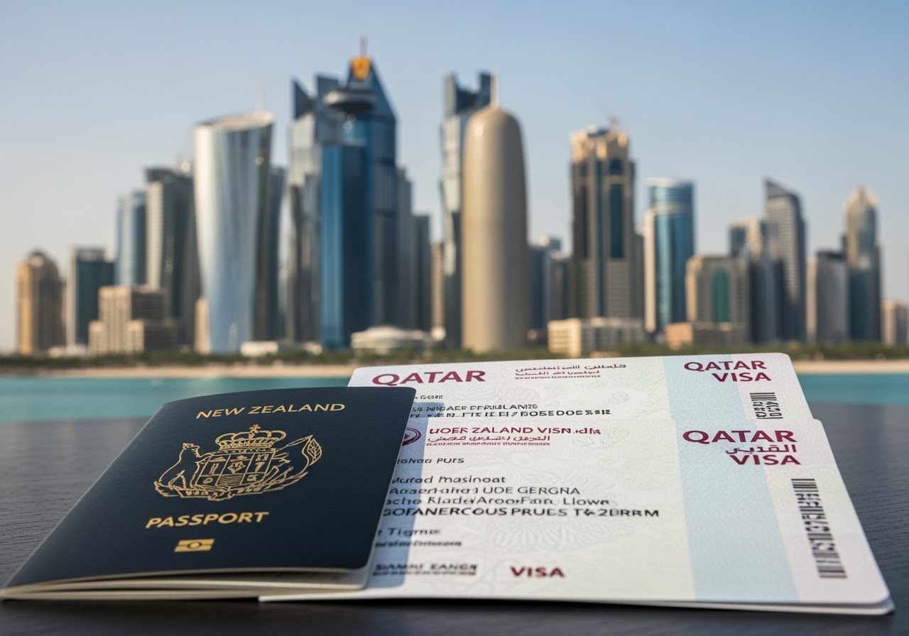 New Zealand passport and Qatar e-Visa documents