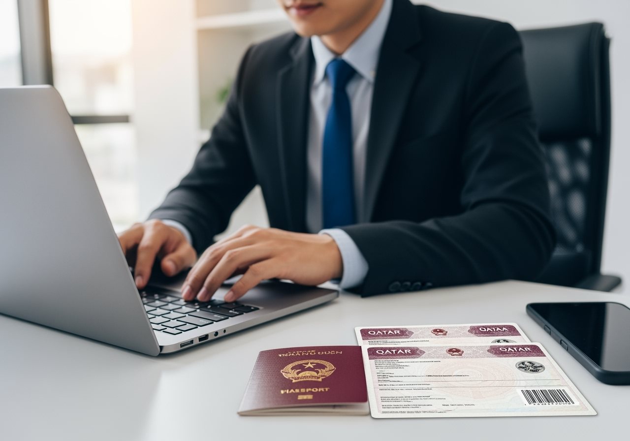 Vietnamese passport and Qatar visa documents
