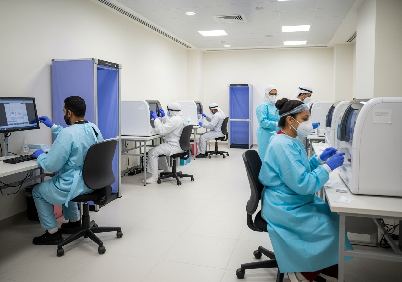 Qatar COVID-19 testing center with medical professionals