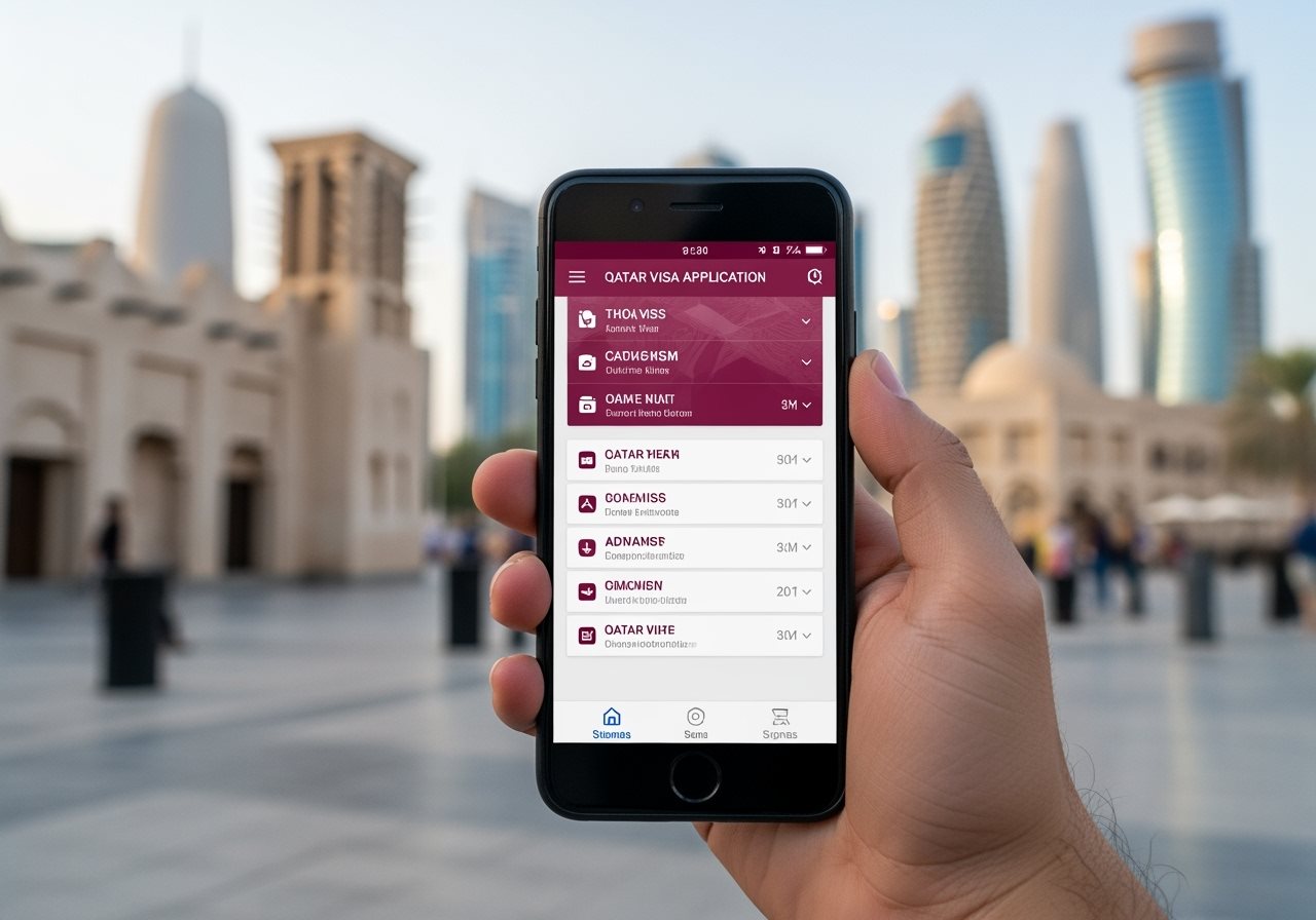 Qatar e-Visa mobile app features and navigation menu