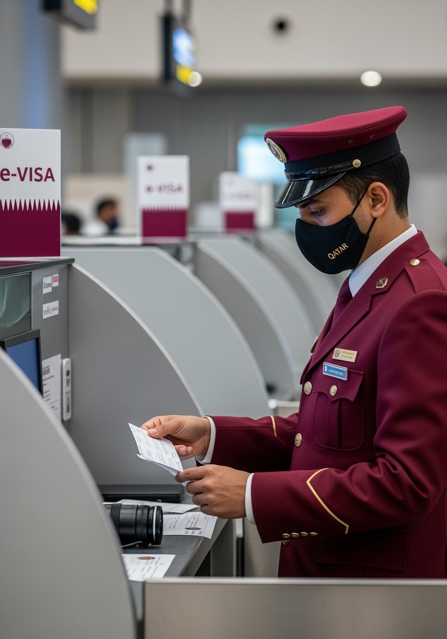 Qatar passport control officer checking e-Visa documents