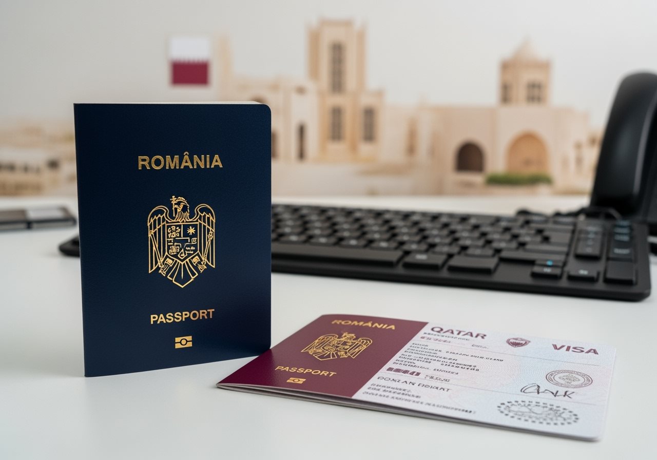 Romanian passport and Qatar visa documents