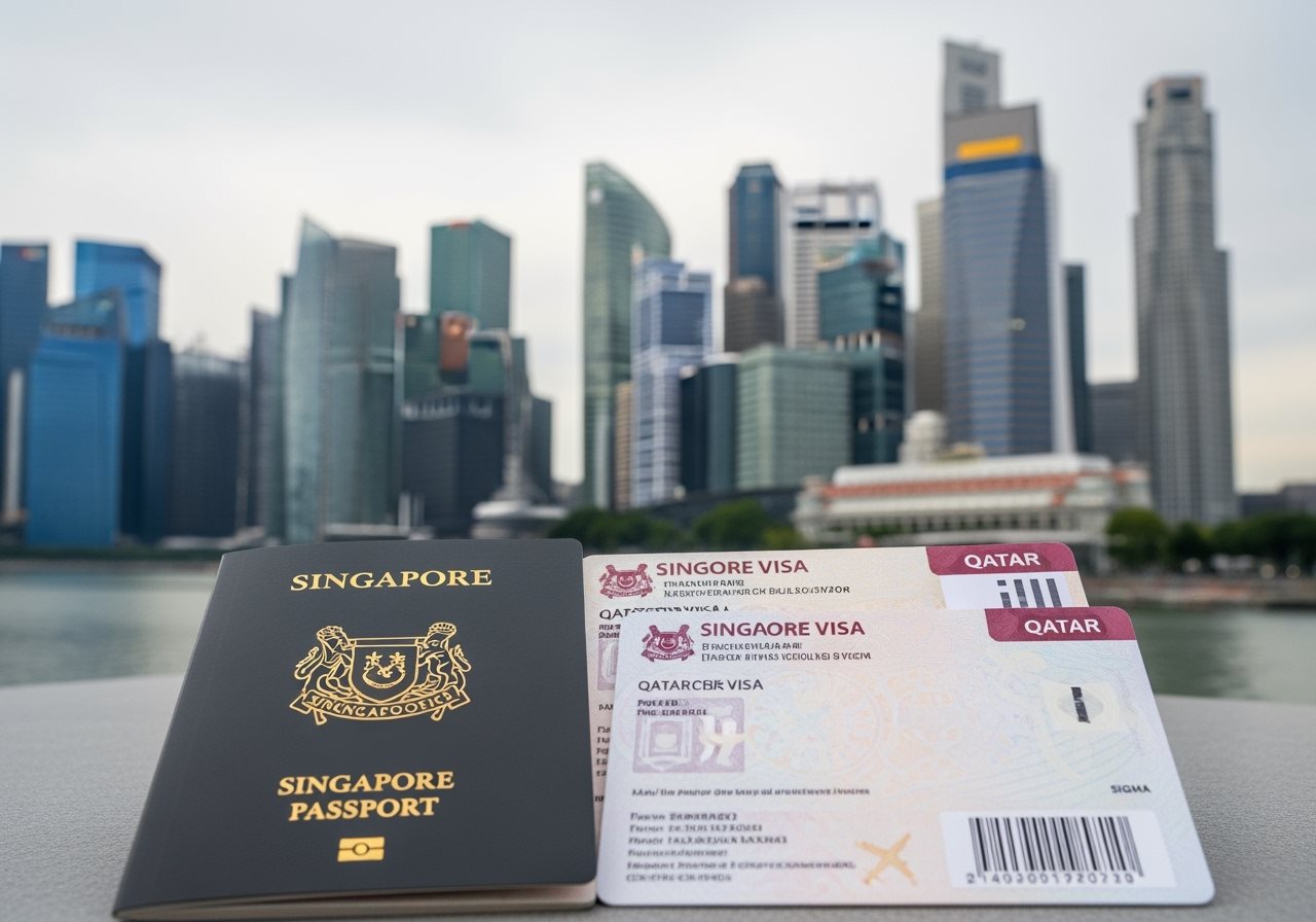 Singapore passport and Qatar visa documents