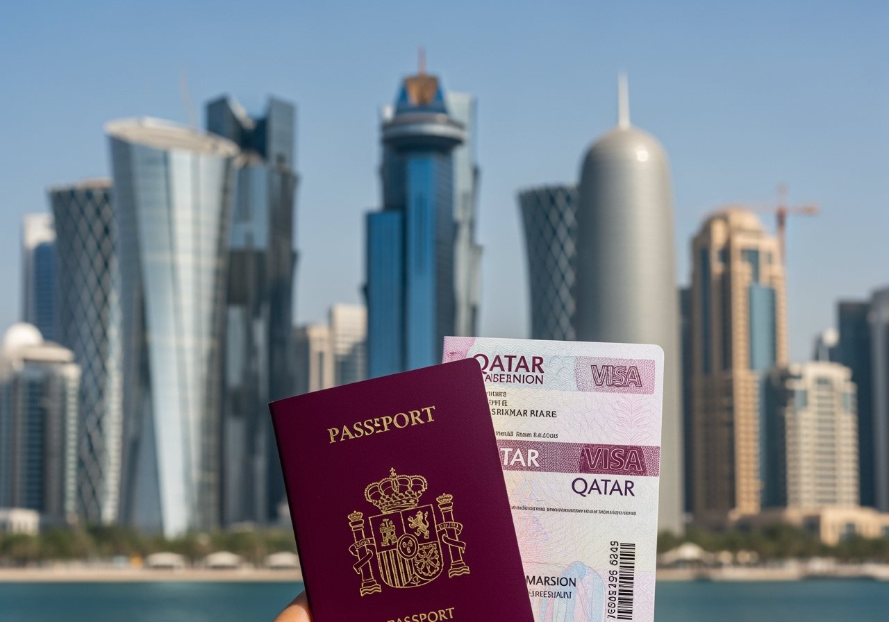 Spanish passport and Qatar e-Visa documents