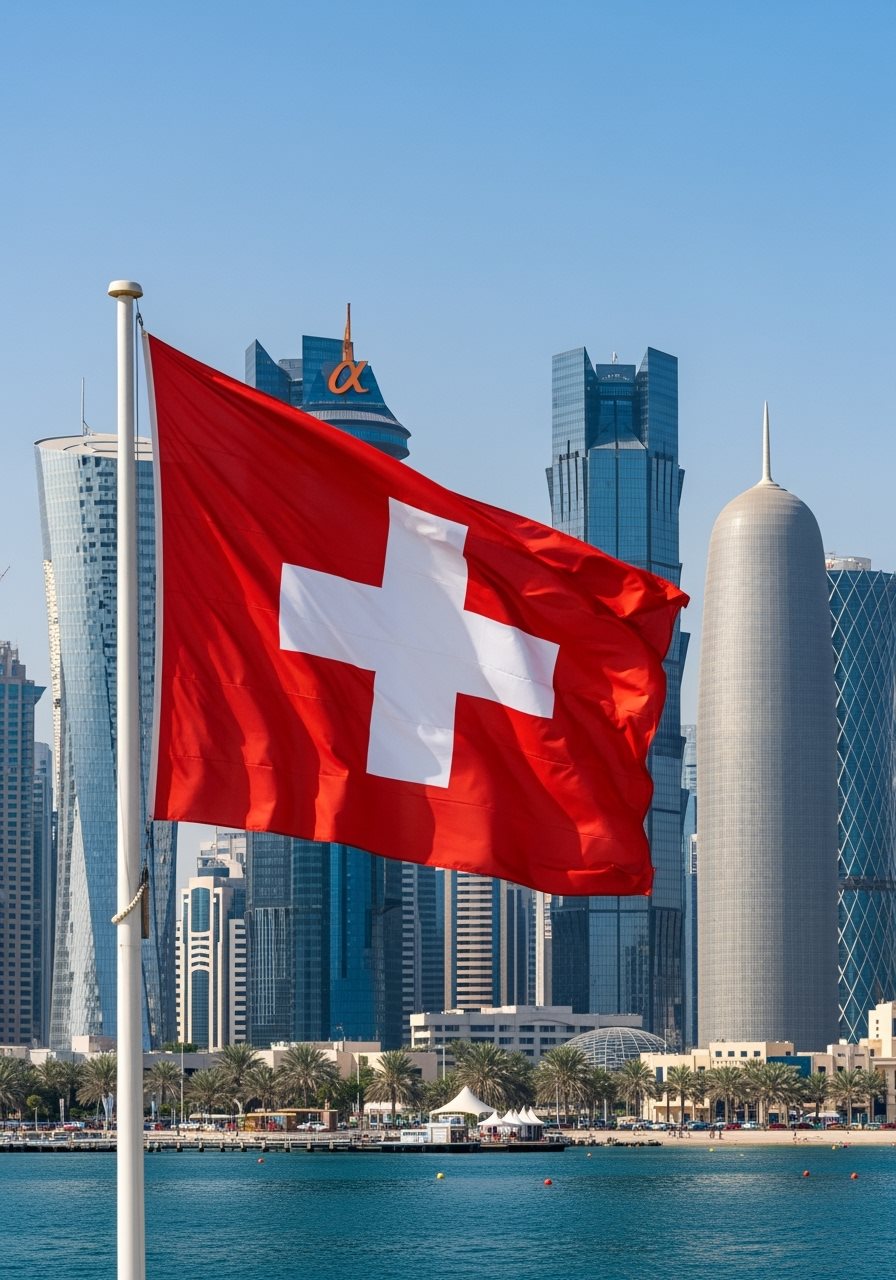 Swiss flag with Qatar Doha skyline for visa application