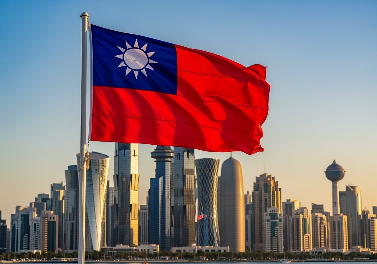 Taiwan flag with Qatar Doha skyline